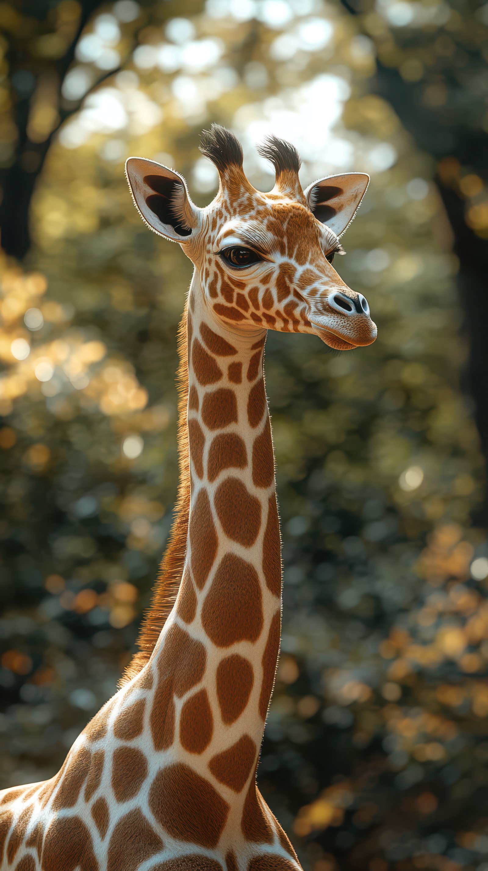 Giraffe stands tall among the trees in a warm golden light during a sunny afternoon